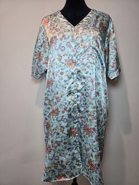 Vanity Fair Nightgown Women's Medium Blue Satin Flowers Grandmacore Sleep Night